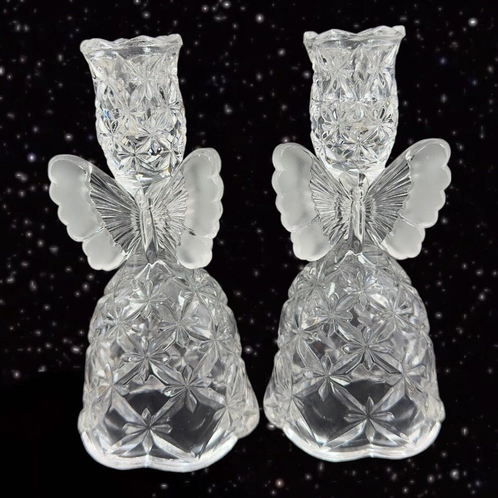 Hofbauer Bleikrisfall 1985 Frosted Butterfly‎ Candle Stick Holder Set 2 Clear